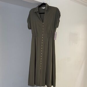 New Indigo Rose Elegant Olive Midi Dress with Button Detail